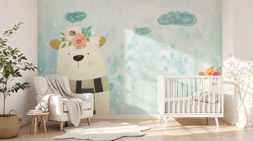 Design ZX0689 — Papier peint Ours peluche couronne fleurs ciel bleu — Novomur