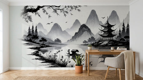 Design A0040 — Papier peint Asie Encre Noire Pagode — Novomur