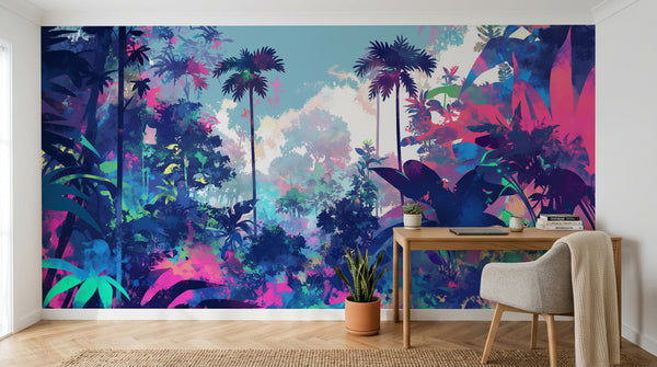 Papier peint Palmier Tropical Pop Art Vif - Sur mesure