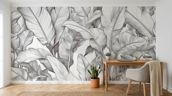 Papier peint Palmier Tropical Noir et Blanc - Sur mesure