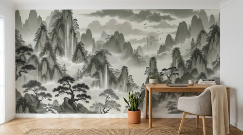 Design A0097 — Papier peint Asie Encre Noire Pagode — Novomur