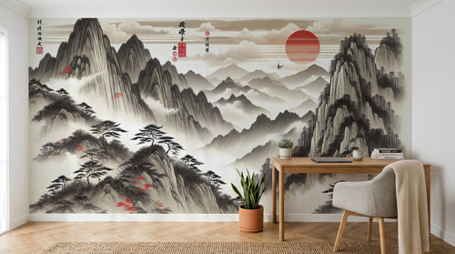 Design A0147 — Papier peint Asie Encre Noire Pagode — Novomur