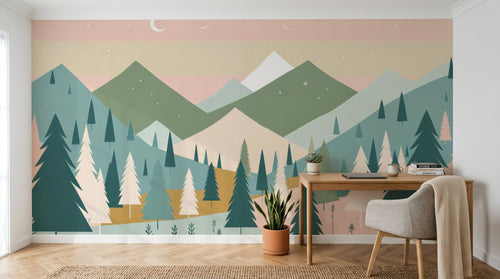 Papier peint Paysage Montagne Minimaliste - Collection 2 A0310 en situation — Montagnes pastel sapins flat scandinave — Design A0310