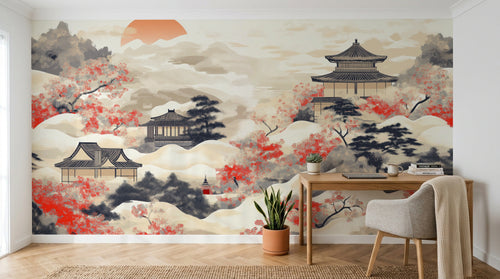 Design A0577 — Papier peint Asie Encre Noire Pagode — Novomur