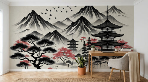 Design A0938 — Papier peint Asie Encre Noire Pagode — Novomur