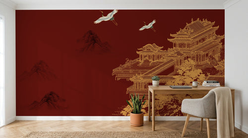 Design D0822 — Papier peint Asie Encre Noire Pagode — Novomur