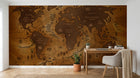 Papier peint Carte du Monde E0133 en situation — Planisphère vintage bois brun gravé — Design E0133