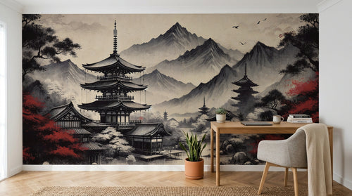 Design F0169 — Papier peint Asie Encre Noire Pagode — Novomur