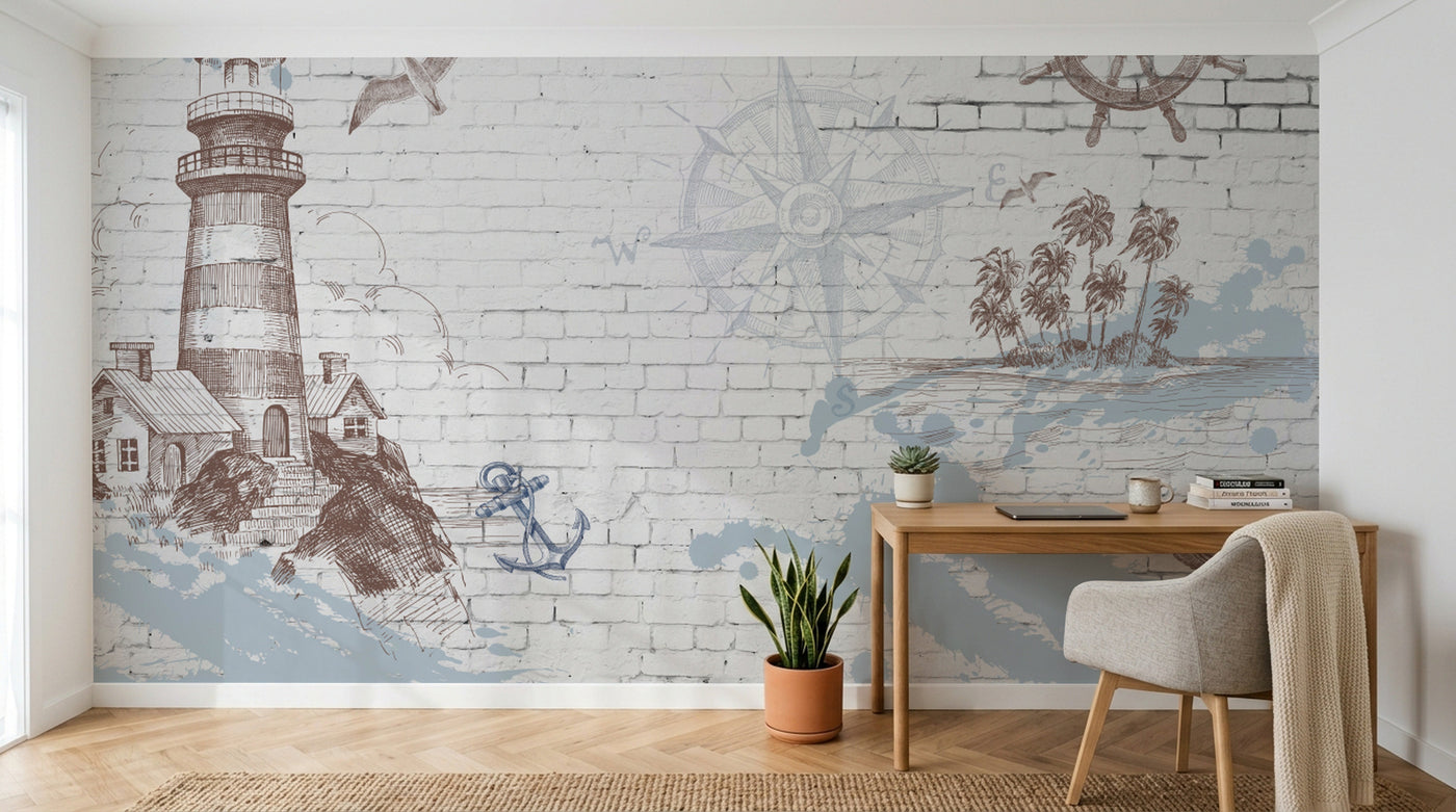 Design L0394 — Papier peint Brique blanche motifs nautiques vintage — Novomur