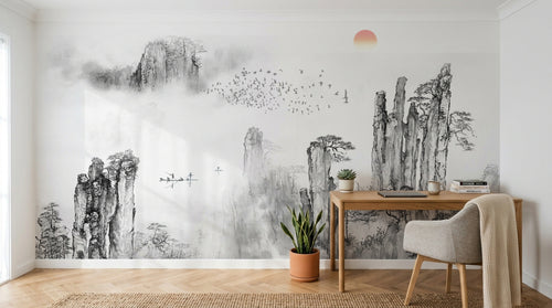 Design SK0212 — Papier peint Asie Encre Noire Pagode — Novomur
