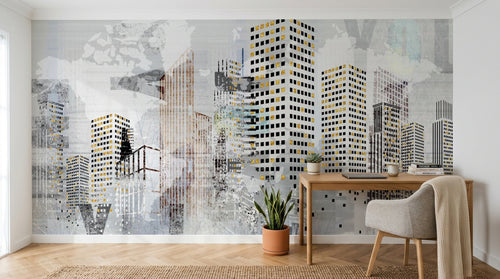 Design SL0022 — Papier peint Gratte-ciel street art jaune fond gris — Novomur