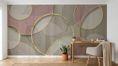 Design SL0082 — Papier peint Cercles dores et feuilles fond raye — Novomur