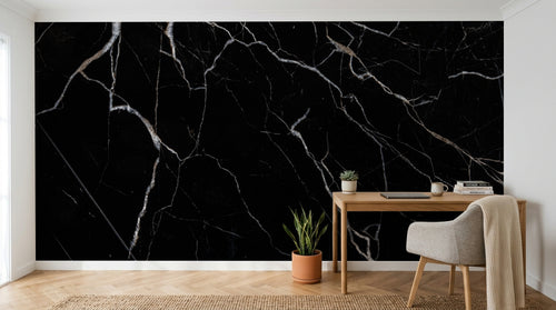 Design SL0145 — Papier peint Marbre noir veines blanches dorees — Novomur