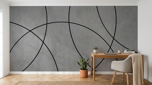 Design SL0152 — Papier peint Cercles noirs entrecroises fond beton — Novomur