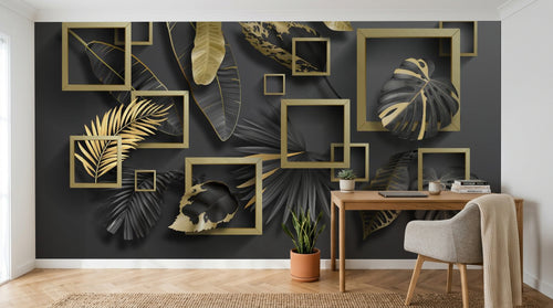 Design SL0154 — Papier peint Cadres dores feuilles tropicales noir or — Novomur