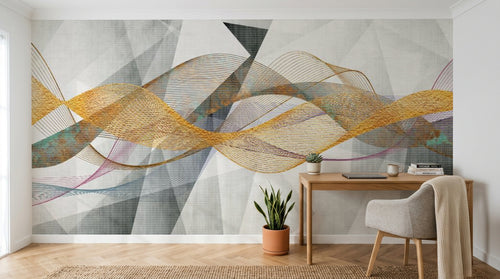 Design SL0230 — Papier peint Vagues dorees orange fond gris geometrique — Novomur
