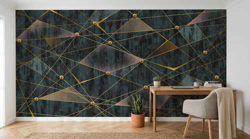 Design SL0234 — Papier peint Triangles dores perles fond bleu grunge — Novomur