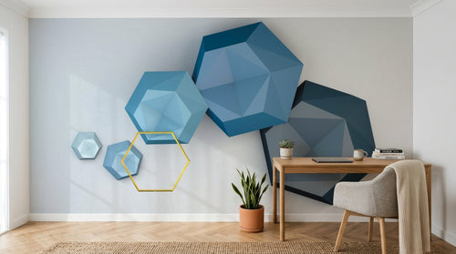 Design SL0266 — Papier peint Hexagones 3D bleu fond gris dore — Novomur