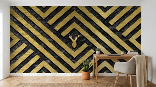 Design SL0270 — Papier peint Losanges or noir tete cerf doree — Novomur