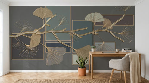Design SL0276 — Papier peint Ginkgo dores cadres fond gris luxe — Novomur