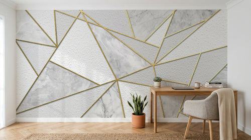 Design SL0293 — Papier peint Marbre triangles dores fond blanc luxe — Novomur