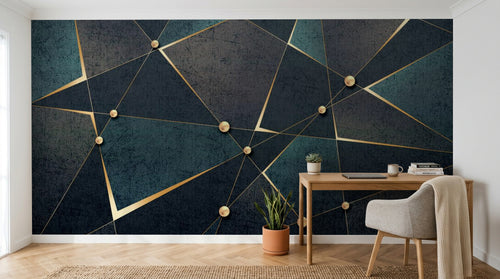 Design SL0353 — Papier peint Triangles dores perles fond bleu grunge — Novomur