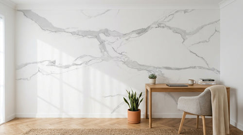 Design SL0401 — Papier peint Marbre Calacatta blanc veines grises — Novomur