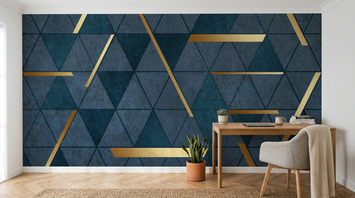 Design SL0464 — Papier peint Triangles bleu marine barres dorees art deco — Novomur