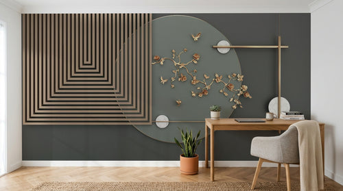 Design SL0516 — Papier peint Rectangles cercles dores papillons fond gris — Novomur