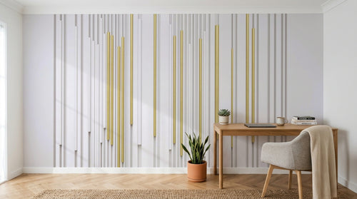 Design SL0577 — Papier peint Lignes verticales blanches dorees — Novomur