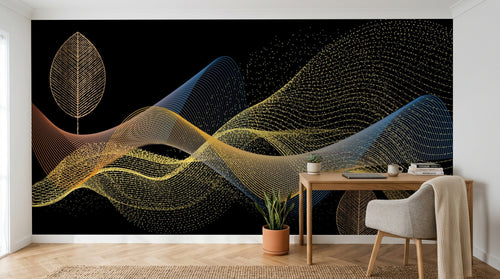 Design SL0586 — Papier peint Vagues pointillees dorees fond noir feuilles — Novomur