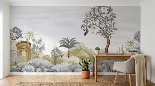 Design SL0595 — Papier peint Paysage pittoresque temple pavillon pastel — Novomur