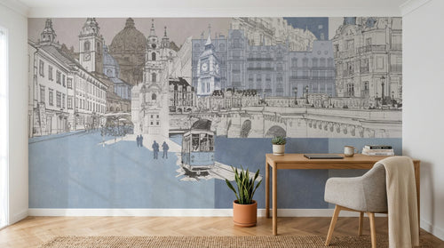 Design SL0603 — Papier peint Monuments europeens collage tramway pastel — Novomur