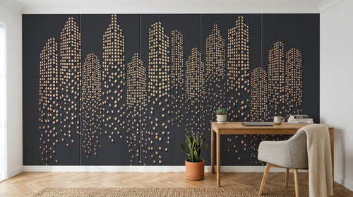 Design SL0611 — Papier peint Gratte-ciel fenetres dorees fond gris fonce — Novomur