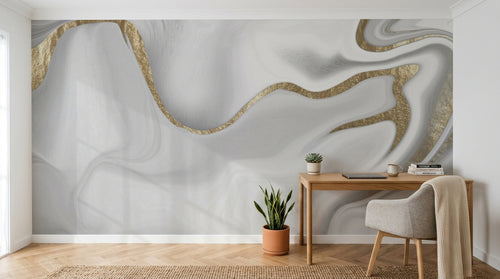 Design SL0613 — Papier peint Marbre liquide blanc veines dorees relief — Novomur