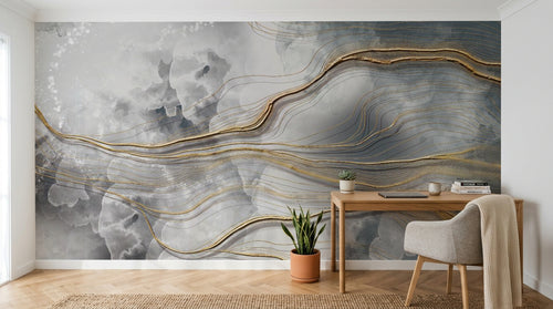 Design SL0614 — Papier peint Marbre liquide lignes dorees nuages gris — Novomur