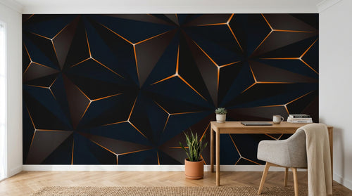 Design SL0638 — Papier peint Triangles 3D bleu marine lignes cuivre — Novomur