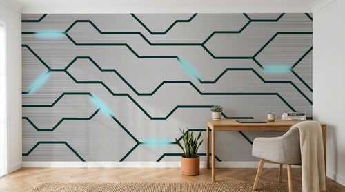 Design SL0640 — Papier peint Circuit imprime electronique cyan argent — Novomur