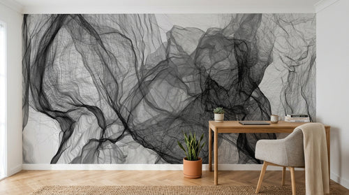 Design SL0695 — Papier peint Voiles noirs translucides fond blanc — Novomur