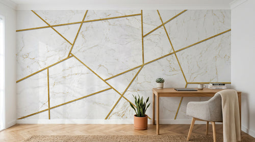 Design SL0699 — Papier peint Marbre blanc lignes dorees geometrique — Novomur