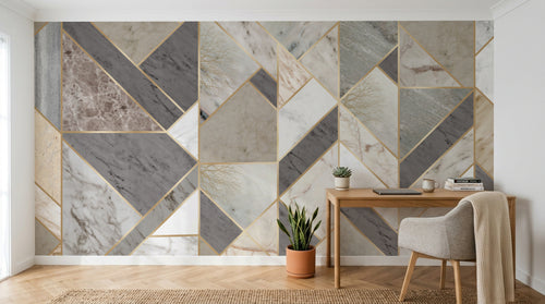 Design SL0703 — Papier peint Patchwork marbres triangles dores — Novomur