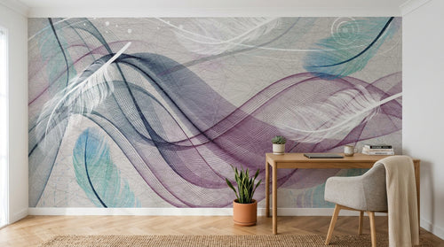 Design SL0733 — Papier peint Vagues fluides plumes bleu violet rose — Novomur