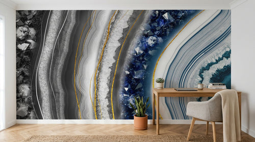 Design SL0794 — Papier peint Agate geode bleu cristaux dorees — Novomur