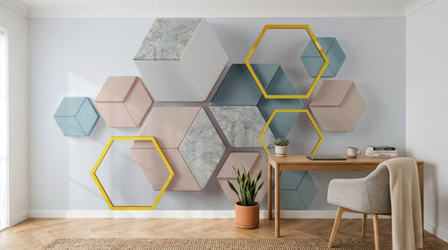 Design SL0796 — Papier peint Cubes hexagones 3D rose marbre — Novomur