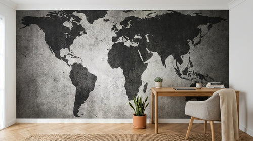 Design ZX0129 — Papier peint Carte monde noire fond grunge gris — Novomur