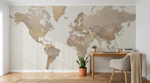 Design ZX0433 — Papier peint Carte monde detaillee beige creme — Novomur