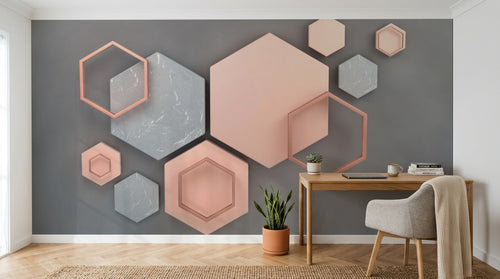 Design ZX0483 — Papier peint Hexagones 3D rose marbre fond gris — Novomur