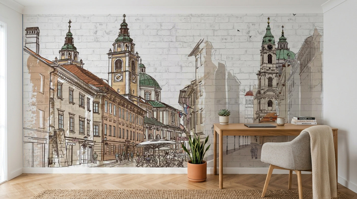 Design ZX0485 — Papier peint Rue europeenne basilique croquis brique — Novomur