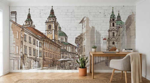 Design ZX0485 — Papier peint Rue europeenne basilique croquis brique — Novomur