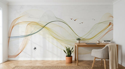 Design ZX0489 — Papier peint Vagues fluides multicolores oiseaux marbre — Novomur